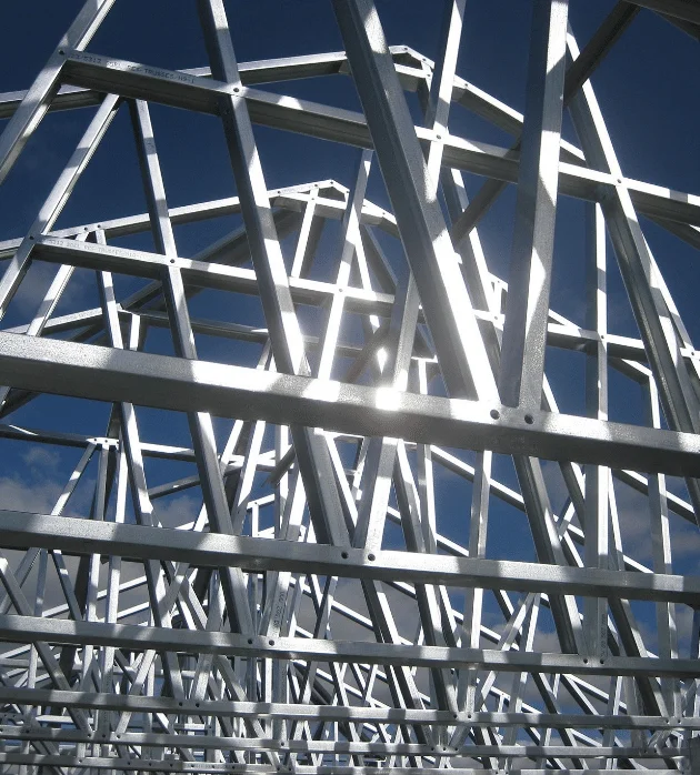Close-up of galvanized steel roof trusses for Illinois barndo