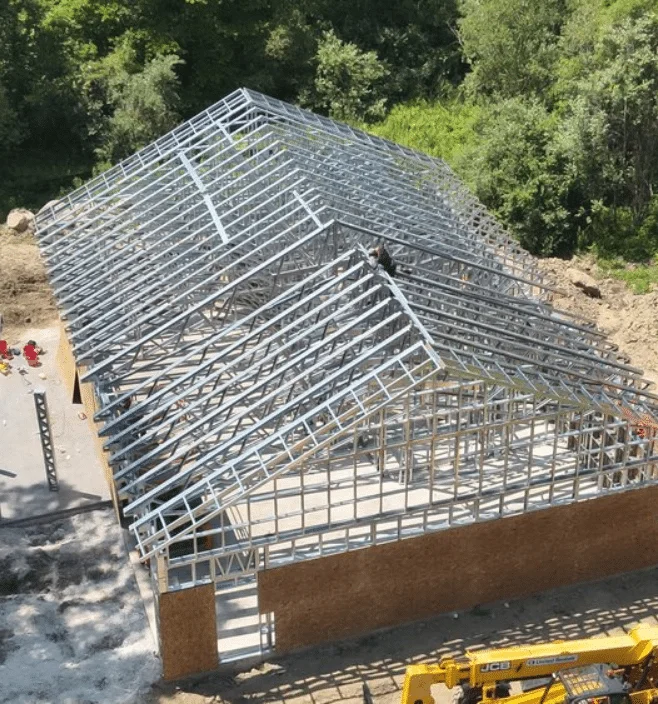 Aerial view of steel frame barndominium construction in Illinois